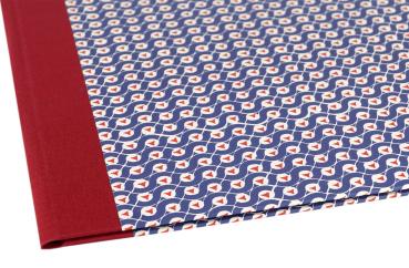 Folder red linen back, blue cover, white dots, red triangles, geometric pattern, small