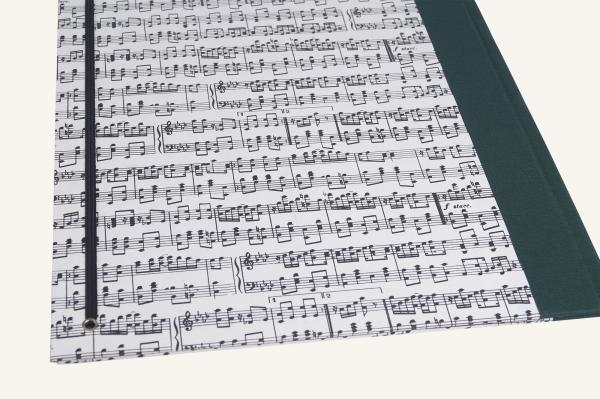 Elegante Notenmappe A4 dunkelgrün, mit Notenmotiv