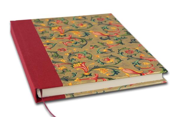 Notizbuch Leinenrücken dunkelblau, buntes Dekor,partiell vergoldet