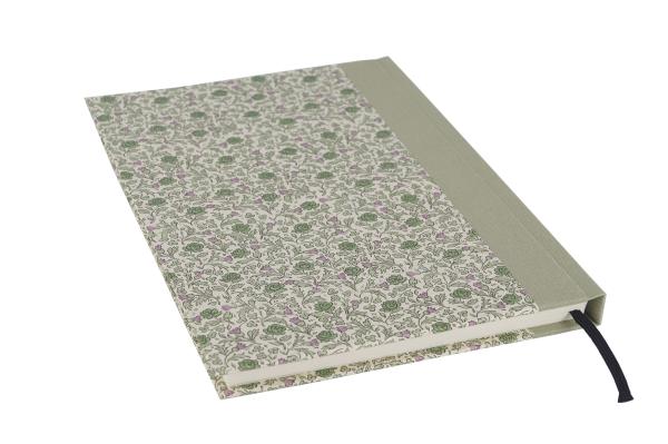 Notebook with a beautiful cover, flowers in soft green, linen spine green