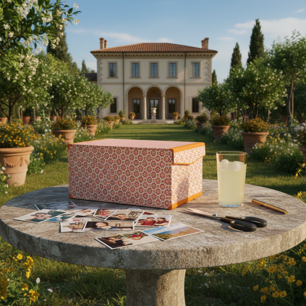 Orange photo box with hinged lid and magnet, with internal dividers