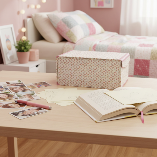 fotobox mit einteilungen, rosa, klappdeckel mit magnet